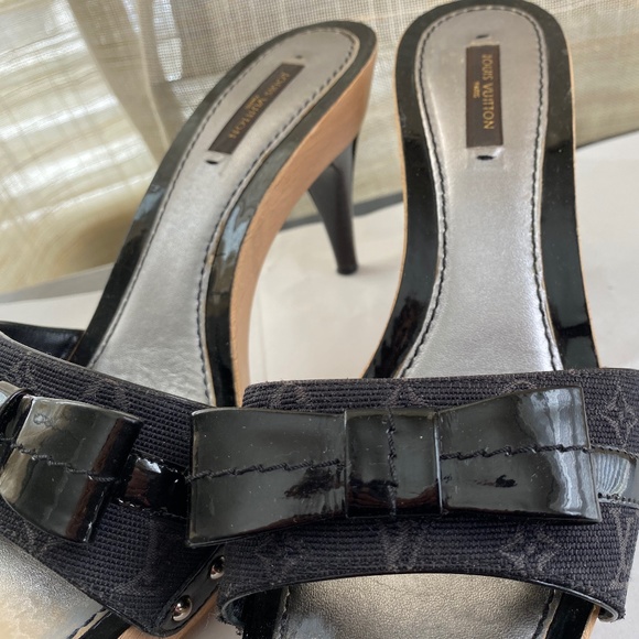 Louis Vuitton Mules BLACK monograM MINI LIN GRENADINE leather 37 heels PLATFORM - Picture 8 of 10